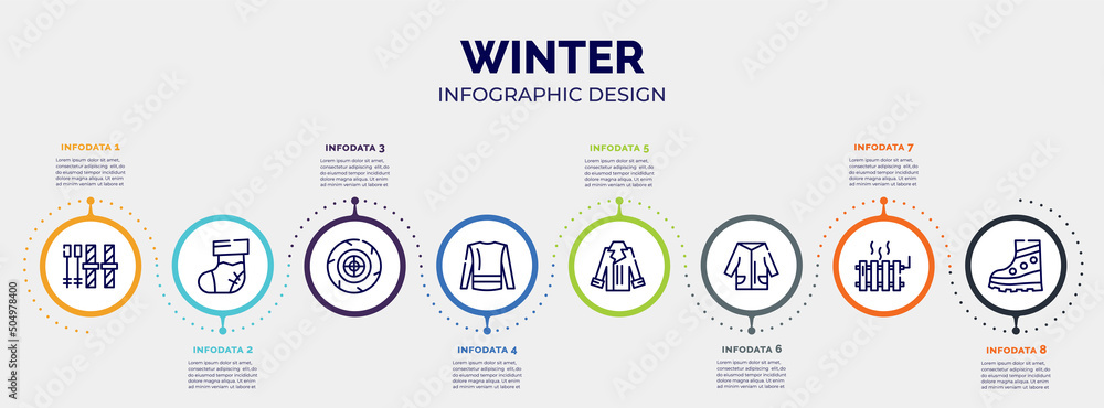 infographic for winter concept. vector infographic template with icons and 8 option or steps. included ski equiptment, christmas sock, winter tire, turtleneck sweater, coat, winter clothes, heater, infographic for winter concept. vector infographic template with icons and 8 option or steps. included ski equiptment, christmas sock, winter tire, turtleneck sweater, coat, winter clothes, heater,