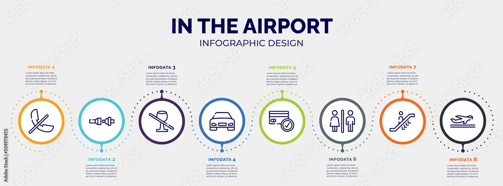infographic for in the airport concept. vector infographic template with icons and 8 option or steps. included phones not allowed, fasten your seatbelts, no drinks, front car, credit cards accepted, infographic for in the airport concept. vector infographic template with icons and 8 option or steps. included phones not allowed, fasten your seatbelts, no drinks, front car, credit cards accepted,