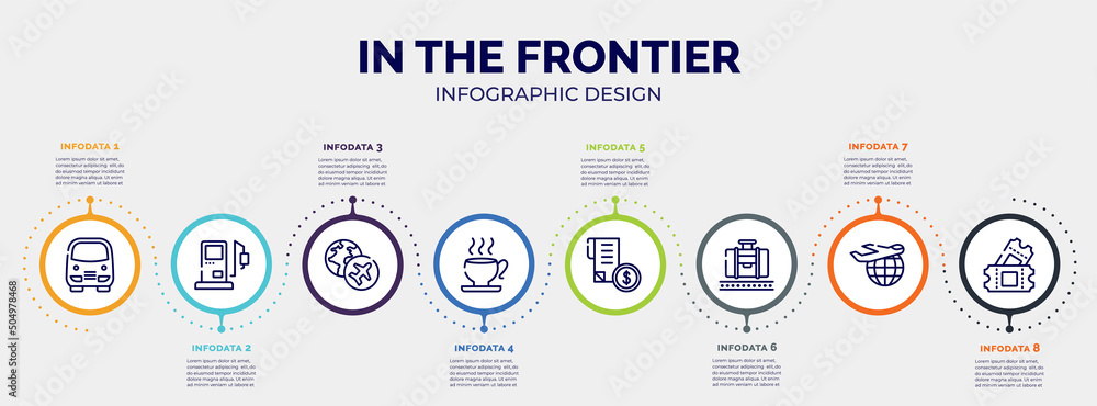 infographic for in the frontier concept. vector infographic template with icons and 8 option or steps. included bus service, gas station, travelling globe, teacup, receipt with dollar, baggage infographic for in the frontier concept. vector infographic template with icons and 8 option or steps. included bus service, gas station, travelling globe, teacup, receipt with dollar, baggage