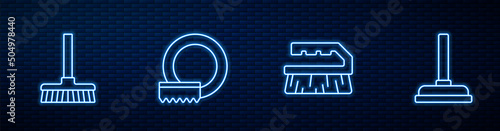 Set line Brush for cleaning, Handle broom, Washing dishes and Rubber plunger. Glowing neon icon on brick wall. Vector