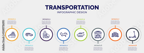 infographic for transportation concept. vector infographic template with icons and 8 option or steps. included cruise ship, station wagon, final call, small plane, armored vehicle, bike shop,