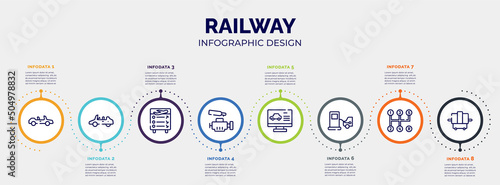 infographic for railway concept. vector infographic template with icons and 8 option or steps. included convertible, convertible car, flight information, car engine, computer test, refilling, manual