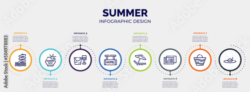 infographic for summer concept. vector infographic template with icons and 8 option or steps. included aqua park, summer sale, sand bucket and shovel, hotel hanging, beach chair, postcard, beach