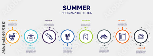 infographic for summer concept. vector infographic template with icons and 8 option or steps. included sand bucket, funicular, solstice, wetsuit, bodyboard, lake, air mattress, sun at sea editable