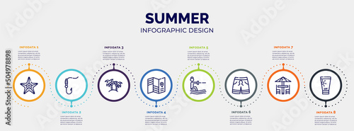 infographic for summer concept. vector infographic template with icons and 8 option or steps. included sea star, fish and hook, island with palm trees, travel guide, waterski, swimming trunks,