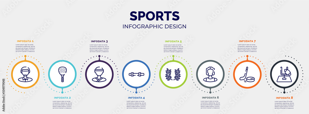 infographic for sports concept. vector infographic template with icons and 8 option or steps. included polo player, padel, judoka, diving belt, laurel wreath, kickboxer, puck, rugby goal editable infographic for sports concept. vector infographic template with icons and 8 option or steps. included polo player, padel, judoka, diving belt, laurel wreath, kickboxer, puck, rugby goal editable