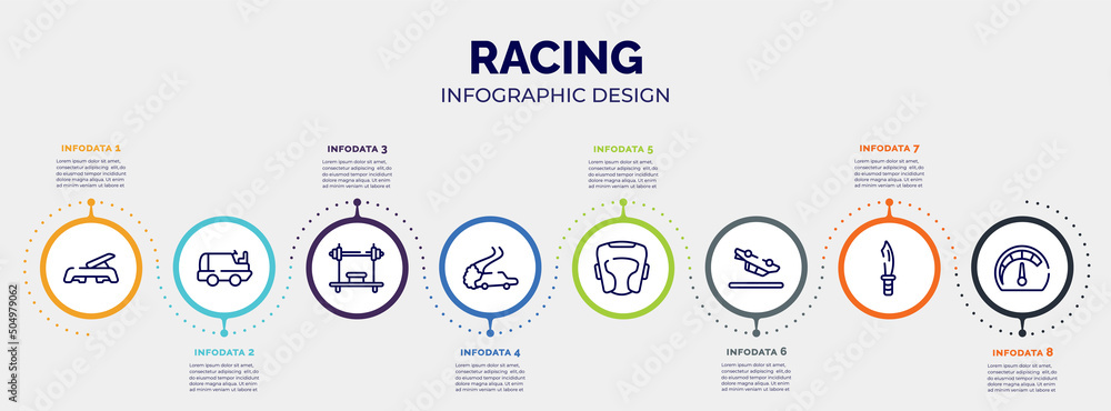 infographic for racing concept. vector infographic template with icons and 8 option or steps. included fitness step, ice resurfacer, bench press, drifting, headgear, null, dive knife, mph editable infographic for racing concept. vector infographic template with icons and 8 option or steps. included fitness step, ice resurfacer, bench press, drifting, headgear, null, dive knife, mph editable