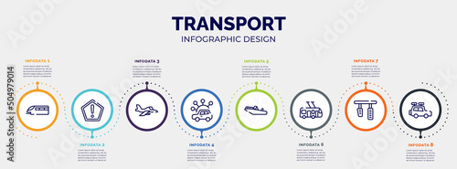 infographic for transport concept. vector infographic template with icons and 8 option or steps. included monorail, precaution, army airplane, carsharing, motorboat, trolleybus, brake pedal, travel