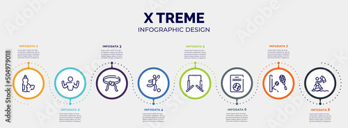 infographic for x treme concept. vector infographic template with icons and 8 option or steps. included food and drink, bodybuilder, belts, soccer game, horizontal bars, baseball card, squash,