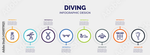 infographic for diving concept. vector infographic template with icons and 8 option or steps. included , javelin, nobel prize, longboard, kart racing, hang gliding, gas cilinder, lift bag editable