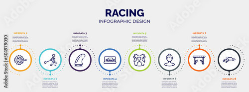 infographic for racing concept. vector infographic template with icons and 8 option or steps. included crank, hammer throwing, fin, backup car, protector, null, hurdle, autocross editable vector.