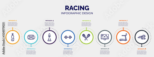 infographic for racing concept. vector infographic template with icons and 8 option or steps. included isotonic, arena, chesspiece, barbell, lacrosse, telemetry, cardio, apex editable vector.