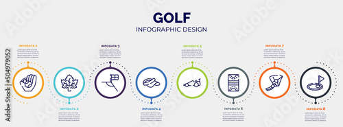 infographic for golf concept. vector infographic template with icons and 8 option or steps. included baseball ball, m leaf, football flag, visor, drag racing, hockey pitch, hang glider, birdie