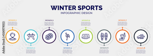 infographic for winter sports concept. vector infographic template with icons and 8 option or steps. included waterpolo player, pommel horse, pit, ritual, push up, shin, committee, bobsled editable