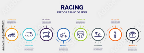 infographic for racing concept. vector infographic template with icons and 8 option or steps. included fitness step, ice resurfacer, bench press, drifting, headgear, null, dive knife, mph editable