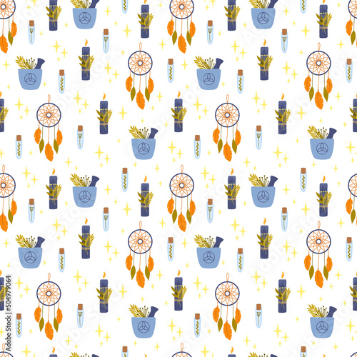 Fototapeta Naklejka Na Ścianę i Meble -  Vector seamless pattern with magic items. Witchcraft texture for wallpaper, web page background, wrapping paper and etc. Halloween background design