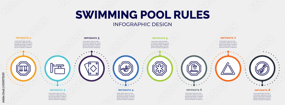 infographic for swimming pool rules concept. vector infographic template with icons and 8 option or steps. included swings, store board, diamond ace, baby zone, phary, shower place, any bleach, no infographic for swimming pool rules concept. vector infographic template with icons and 8 option or steps. included swings, store board, diamond ace, baby zone, phary, shower place, any bleach, no