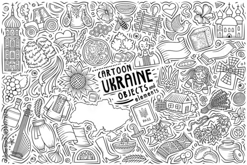 Doodle cartoon set of Ukraine objects and symbols