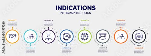 infographic for indications concept. vector infographic template with icons and 8 option or steps. included 60 degree laundry, iron high temperature, policeman figure, hunting zone, p inside a
