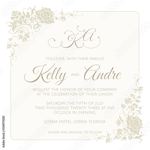 Wedding invitation with floral frame. Decorative frame with calligraphic elements. Card template for greeting card, certificate, invitation, menu.