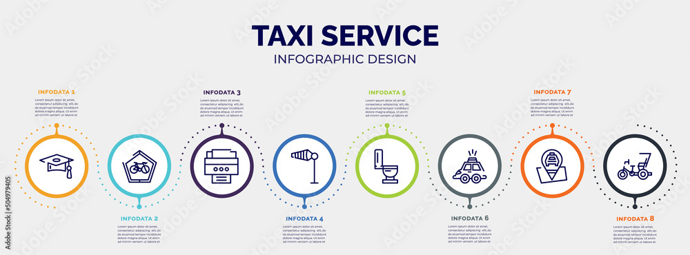 infographic for taxi service concept. vector infographic template with icons and 8 option or steps. included graduate cap, ecological bicycle transport, portable printer, wind flag, toilet side infographic for taxi service concept. vector infographic template with icons and 8 option or steps. included graduate cap, ecological bicycle transport, portable printer, wind flag, toilet side