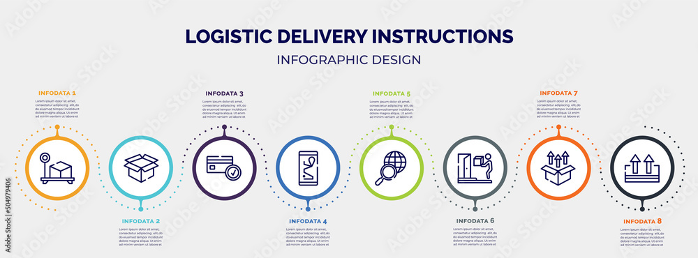 infographic for logistic delivery instructions concept. vector infographic template with icons and 8 option or steps. included box weight, open pack, card check, smartphone online track, search infographic for logistic delivery instructions concept. vector infographic template with icons and 8 option or steps. included box weight, open pack, card check, smartphone online track, search