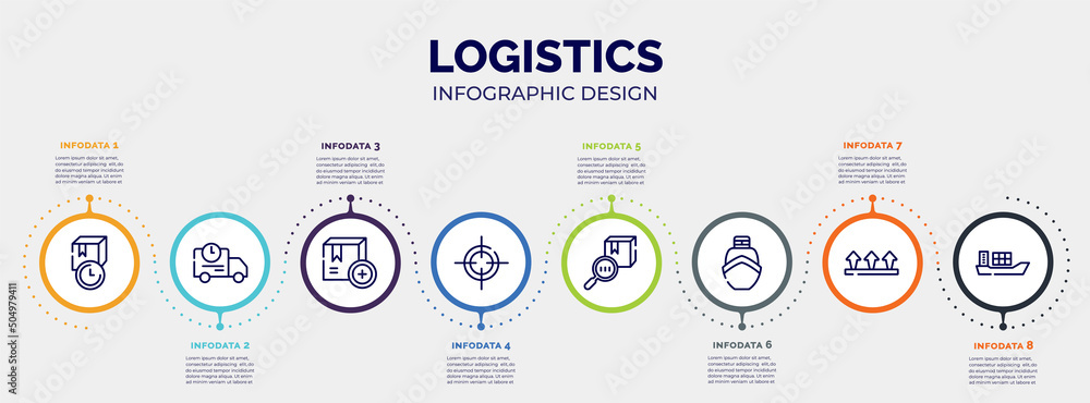infographic for logistics concept. vector infographic template with icons and 8 option or steps. included receiving time, shipping truck, add package, centre of gravity, trackcode, boat from front infographic for logistics concept. vector infographic template with icons and 8 option or steps. included receiving time, shipping truck, add package, centre of gravity, trackcode, boat from front
