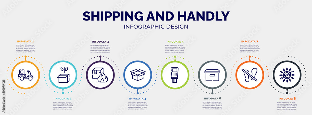 infographic for shipping and handly concept. vector infographic template with icons and 8 option or steps. included delivery courier, green logistics, flammable box, delivery package opened, payment infographic for shipping and handly concept. vector infographic template with icons and 8 option or steps. included delivery courier, green logistics, flammable box, delivery package opened, payment