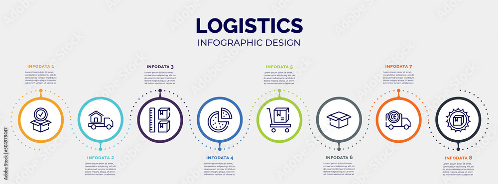 infographic for logistics concept. vector infographic template with icons and 8 option or steps. included package for delivery, moving home, storage capacity, pizzas, delivery cart, package infographic for logistics concept. vector infographic template with icons and 8 option or steps. included package for delivery, moving home, storage capacity, pizzas, delivery cart, package