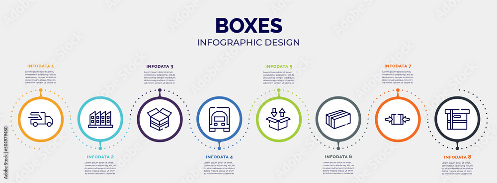 infographic for boxes concept. vector infographic template with icons and 8 option or steps. included fast transport, manufacturing plant, open cardboard box, frontal truck, delivery packaging box,