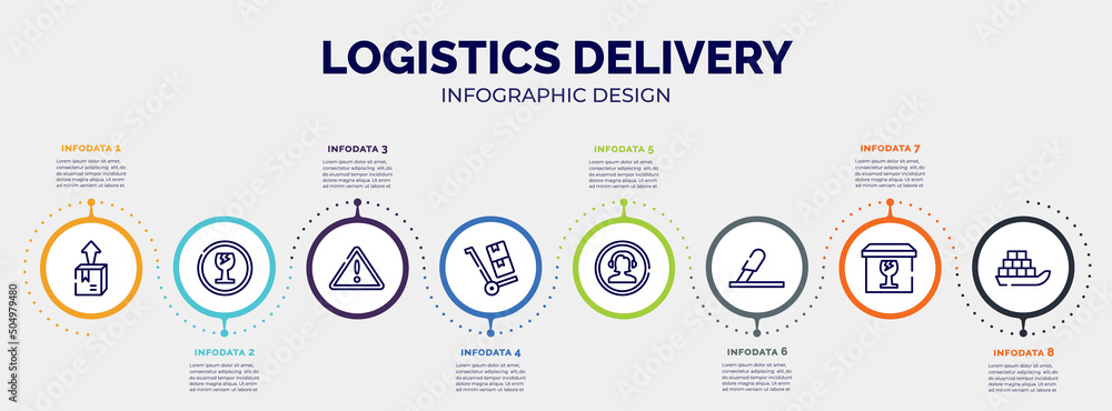 infographic for logistics delivery concept. vector infographic template with icons and 8 option or steps. included delivery box, fragile, danger, use hand truck, phone assistance, use cutter, infographic for logistics delivery concept. vector infographic template with icons and 8 option or steps. included delivery box, fragile, danger, use hand truck, phone assistance, use cutter,