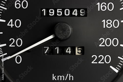 Canvas Print odometer of used car showing mileage of 195049 km