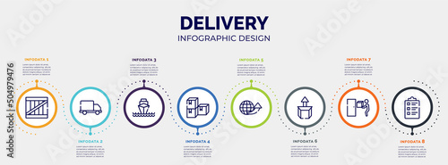 infographic for delivery concept. vector infographic template with icons and 8 option or steps. included wooden box, free delivery truck, ocean transportation, stack package, international delivery,