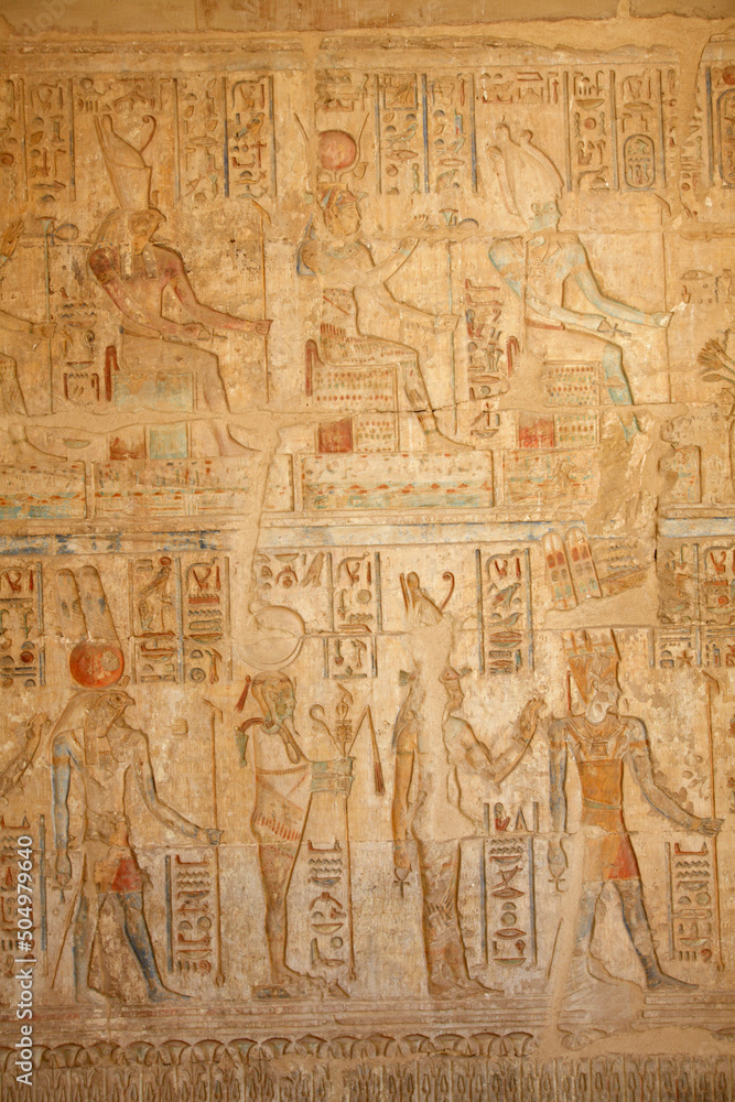 Wall reliefs inside the Ptolemaic Temple of Hathor at Deir el Medina