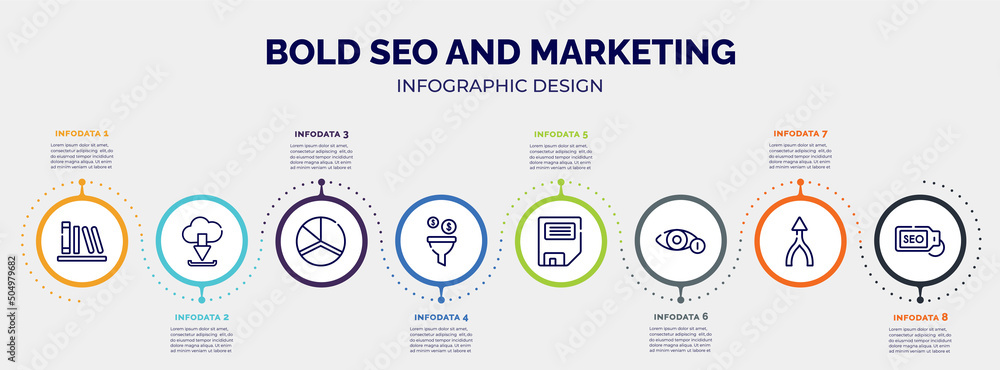 infographic for bold seo and marketing concept. vector infographic template with icons and 8 option or steps. included calibre, download from cloud, charts, conversion, disquette, views, merging, infographic for bold seo and marketing concept. vector infographic template with icons and 8 option or steps. included calibre, download from cloud, charts, conversion, disquette, views, merging,
