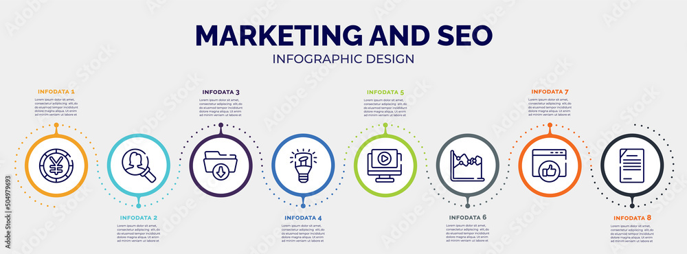 infographic for marketing and seo concept. vector infographic template with icons and 8 option or steps. included yen big coin, person search, download folder, light modern lamp tool, play video, infographic for marketing and seo concept. vector infographic template with icons and 8 option or steps. included yen big coin, person search, download folder, light modern lamp tool, play video,