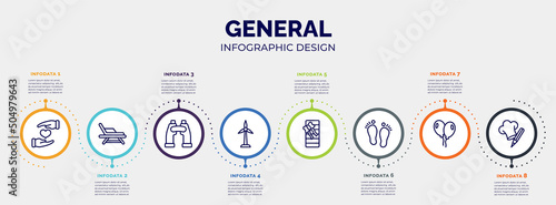 infographic for general concept. vector infographic template with icons and 8 option or steps. included heart between hands, deckchair, binocular, renewable energy label, birthday present, steps,