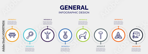 infographic for general concept. vector infographic template with icons and 8 option or steps. included picnic table with basket, magnifiying glass, man with open arms, win, wolf howling,
