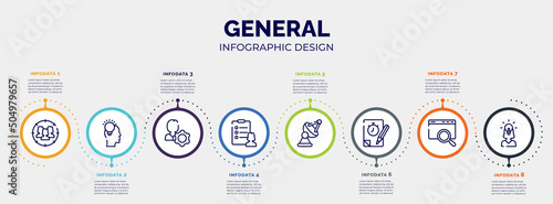 infographic for general concept. vector infographic template with icons and 8 option or steps. included team target, inspiration, user behavior, profile list, satellite antenna, quiz, sem, team