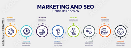 infographic for marketing and seo concept. vector infographic template with icons and 8 option or steps. included on power, big dollar coin, responsive marketing, money flower, eticket, monetizing,