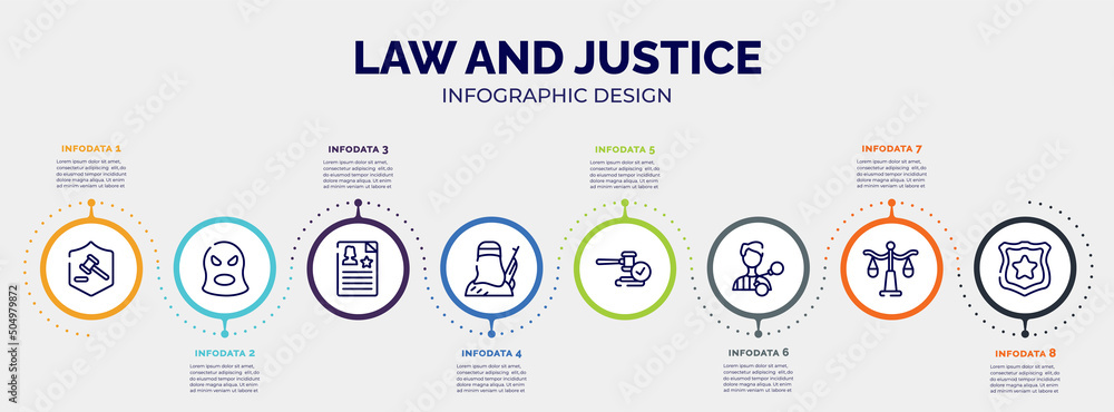 infographic for law and justice concept. vector infographic template with icons and 8 option or steps. included defense, balaclava, criminal record, , veredict, criminal, justice scale, police infographic for law and justice concept. vector infographic template with icons and 8 option or steps. included defense, balaclava, criminal record, , veredict, criminal, justice scale, police