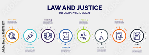 infographic for law and justice concept. vector infographic template with icons and 8 option or steps. included international law, violence, prisoner, law book, escape, butterfly knife, labour and