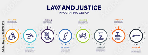 infographic for law and justice concept. vector infographic template with icons and 8 option or steps. included qualified protection, court trial, tax law, feather pen, bankruptcy, contract law,