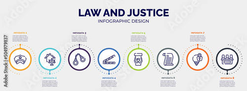 infographic for law and justice concept. vector infographic template with icons and 8 option or steps. included police hat, real estate law, criminal law, police line, civil rights, scroll with