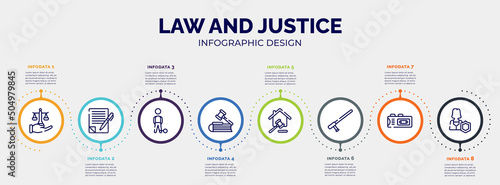 infographic for law and justice concept. vector infographic template with icons and 8 option or steps. included justice scales in hand, wills and trusts, convict, employment law, property finance,