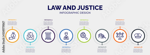 infographic for law and justice concept. vector infographic template with icons and 8 option or steps. included bribery, crime letter, roman law, advocate, investigation, employment, adminstrative