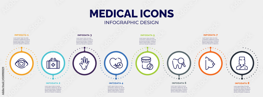 infographic for medical icons concept. vector infographic template with icons and 8 option or steps. included human eye shape, first aid kit bag, hand showing palm, heart black shape, dentist drugs infographic for medical icons concept. vector infographic template with icons and 8 option or steps. included human eye shape, first aid kit bag, hand showing palm, heart black shape, dentist drugs
