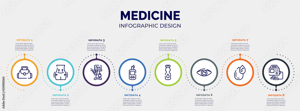 infographic for medicine concept. vector infographic template with icons and 8 option or steps. included baby bag, operating, ventilator, glucometer, talcum powder, eyesight, type 0, defibrillator infographic for medicine concept. vector infographic template with icons and 8 option or steps. included baby bag, operating, ventilator, glucometer, talcum powder, eyesight, type 0, defibrillator