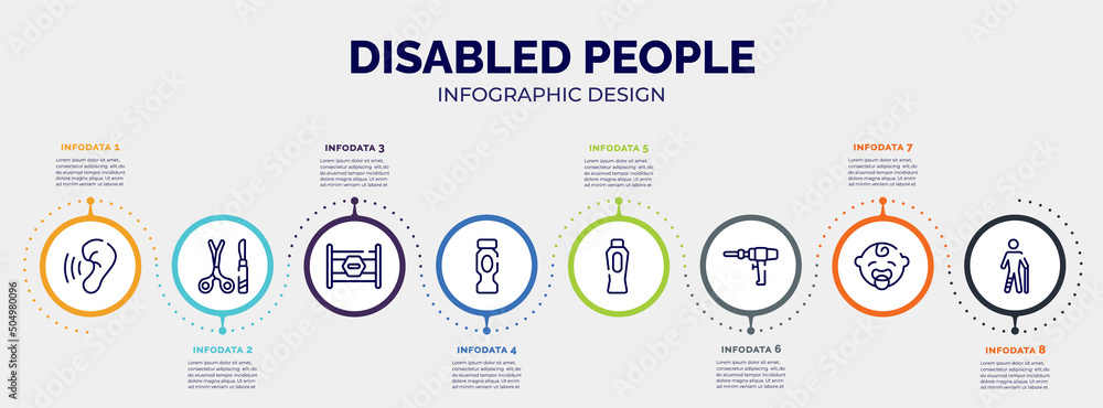 infographic for disabled people concept. vector infographic template with icons and 8 option or steps. included hearing, tool surgeon, road block, hydratation, baby powder, medical drill, baby boy, infographic for disabled people concept. vector infographic template with icons and 8 option or steps. included hearing, tool surgeon, road block, hydratation, baby powder, medical drill, baby boy,