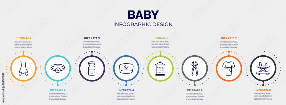 infographic for baby concept. vector infographic template with icons and 8 option or steps. included smelling, head mirror, vial, doctor cap, sight check table, tooth pliers, patient robe, baby infographic for baby concept. vector infographic template with icons and 8 option or steps. included smelling, head mirror, vial, doctor cap, sight check table, tooth pliers, patient robe, baby